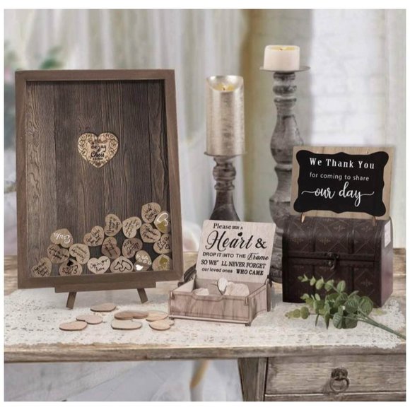 Rustic Wedding Guest Book with Personalized Drop Top Frame 80 Wood Hearts - Picture 1 of 6